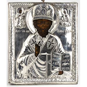 A Russian Icon with silver oklad of Saint ... 