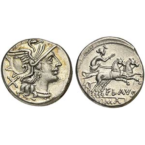 Decimius Flavus, Denarius, Rome, 150 BC. AR ... 