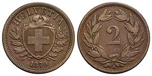 SVIZZERA - Confederazione - 2 Rappen - 1870 ... 