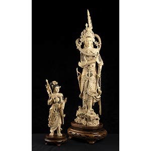 TWO IVORY SCULPTURES OF A FEMALE FIGURES IN ... 