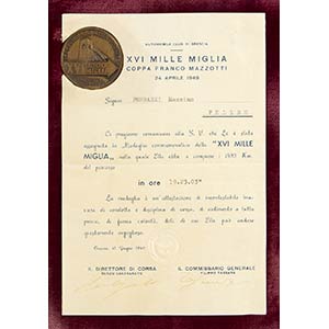 XVI Mille Miglia, medal with certificate  ... 
