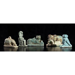 COLLECTION OF FIVE EGYPTIAN FAIENCE AMULETS ... 