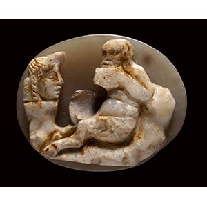 A roman agate cameo. Satyr and mask. 1st - ... 