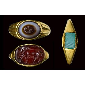 A lot of three roman gold rings with stones ... 