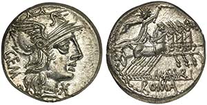 M. Aburius M.f. Geminus, Denarius, Rome, 132 ... 