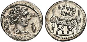 L. Furius Cn.f. Brocchus, Denarius, Rome, 63 ... 