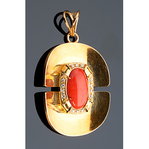 18K GOLD, CORAL AND DIAMOND PENDANT; ; ... 