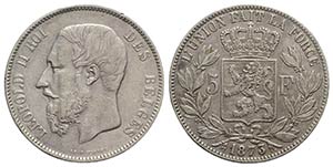 Belgium. Leopold II (1865-1878). AR 5 Francs ... 
