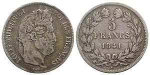 France, AR 5 Francs 1841 (37mm, 24.67g, 6h). ... 