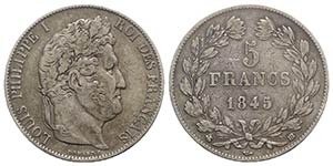 France, AR 5 Francs 1845 (37mm, 24.71g, 6h). ... 