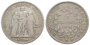 France, AR 5 Francs 1874 (37mm, 24.61g, 6h). ... 