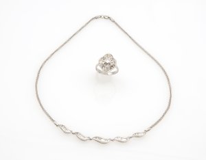 Diamonds necklace and ring; ; 14k white ... 