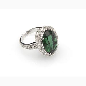 Diamonds and green stone ring; ; 18k white ... 