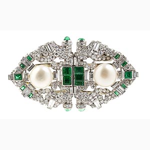 Emerald and diamond duette brooch ; ; 18k ... 