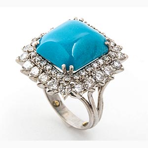 Turquoise and diamonds platinum ring; ; ... 