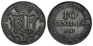 SVIZZERA - GINEVRA - 10 Centesimi - 1847 A-B ... 