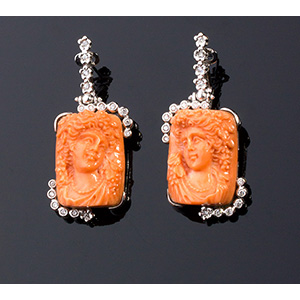 18K GOLD CORAL CAMEO DIAMOND EARRING; ; a ... 