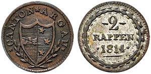 Svizzera. Aargau 2 Rappen 1814 (1,30g). ... 