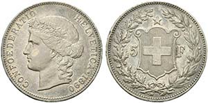 Svizzera.  AR 5 franchi 1890 B. Dav. 392; KM ... 