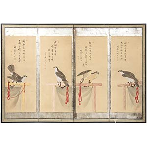 A FOUR-PANELS SCREEN WITH HAWKSJapan, 19th ... 