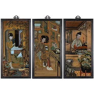 THREE REVERSE GLASS PAINTINGS WITH LADIES IN ... 