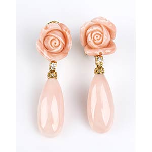 Gold, pink coral and rose quartz earrings ... 