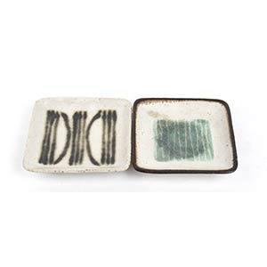 GAMBONE Two white squared saucers with green ... 