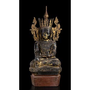 A LACQUERED AND GILT WOOD SEATED BUDDHA ... 