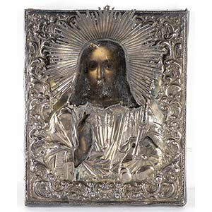 Russian icon with silver oklad of Christ ... 