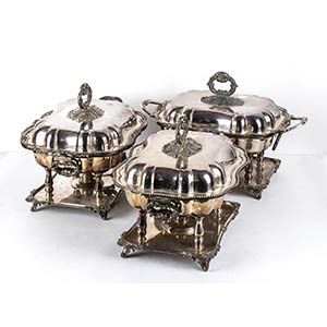 Three silver plated entrée dishes with ... 