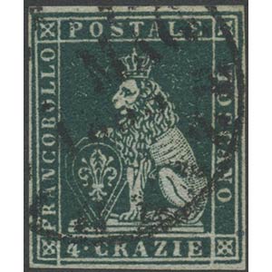 1851, 4cr. N. 6b Verde Scuro su Azzurro, ... 