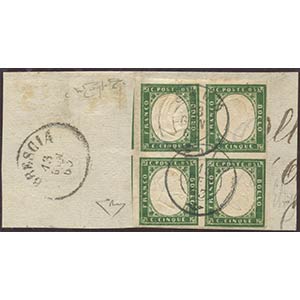 1863, 5c. N.13D Verde Scuro in quartina ... 