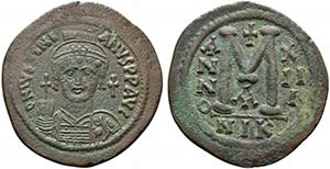 Justinian I (527-565). Æ 40 Nummi (41mm, ... 