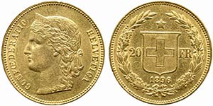 SVIZZERA. 20 franchi 1896. Au (6,45 g). SPL