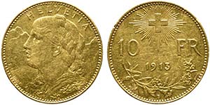 SVIZZERA. 10 franchi 1913. Au (3,22 g). qFDC