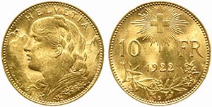 SVIZZERA. 10 franchi 1922. Au (3,22 g). qFDC