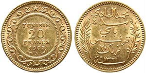TUNISIA. 20 franchi 1903 A (Parigi). Au ... 