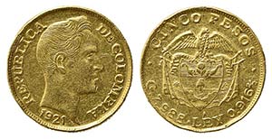 COLOMBIA. 5 Pesos 1921 Au (7,87 g - 22 mm). ... 