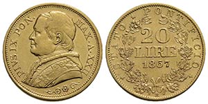 ROMA . Pio IX (1866-1878) . 20 Lire. 1867 A. ... 
