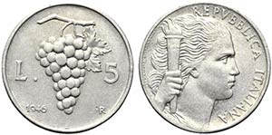 REPUBBLICA ITALIANA. 5 lire 1946 Uva. Gig. ... 
