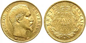 FRANCIA. 20 Franchi 1860 BB (Strasburgo). Au ... 