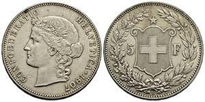 SVIZZERA . Confederazione . 5 Franchi. 1907 ... 