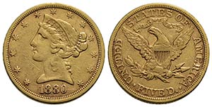 STATI UNITI. 5 Dollari. 1880 - Liberty . AU ... 