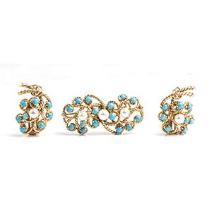 Pearl turquoise gold brooch and earrings14k ... 