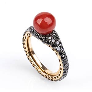 Gold, coral and black diamonds ring18k pink ... 