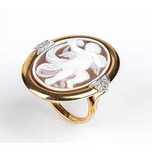 Gold ring with shell and diamonds cammeo - ... 