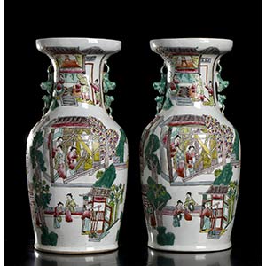 A PAIR OF POLYCHROME PORCELAIN BALUSTER ... 