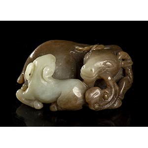 A JADE CARVING OF TWO RAMS
China, 20th ... 