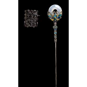 AN ENAMELLED SILVER AND STONE HAIR PIN AND A ... 