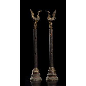 TWO PARTIALLY GILT WOOD SMALL COLUMNS WITH ... 